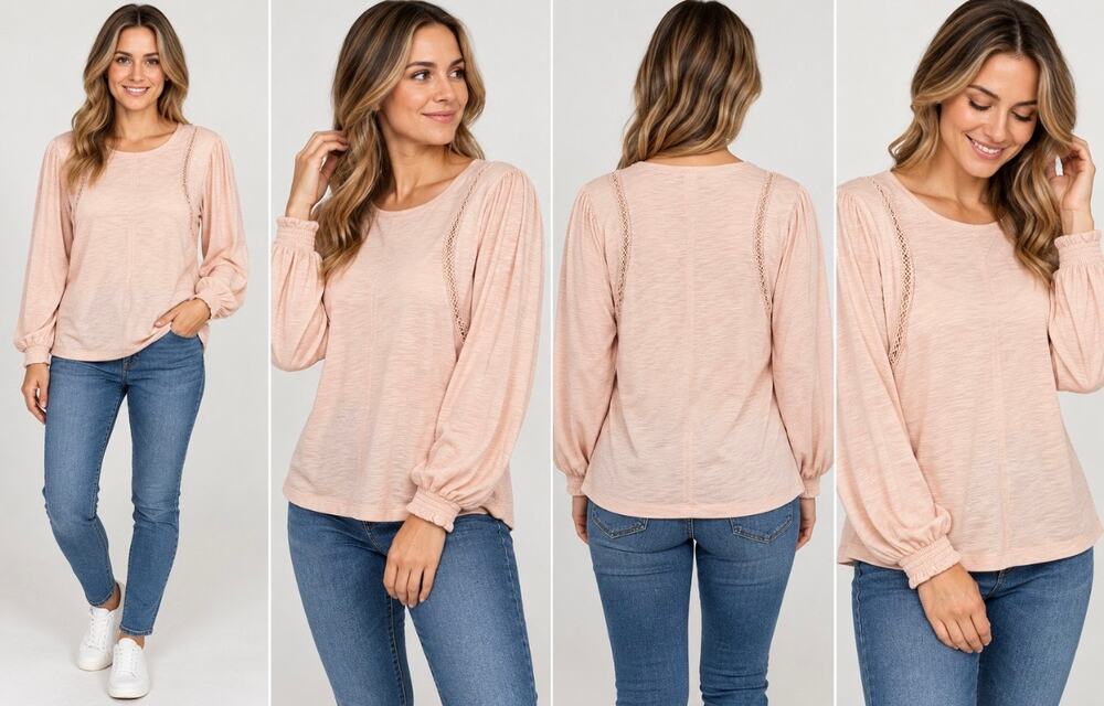 Democracy Women’s Large Blush Pink Lace Trim Puff Sleeve Boho Top NWT
